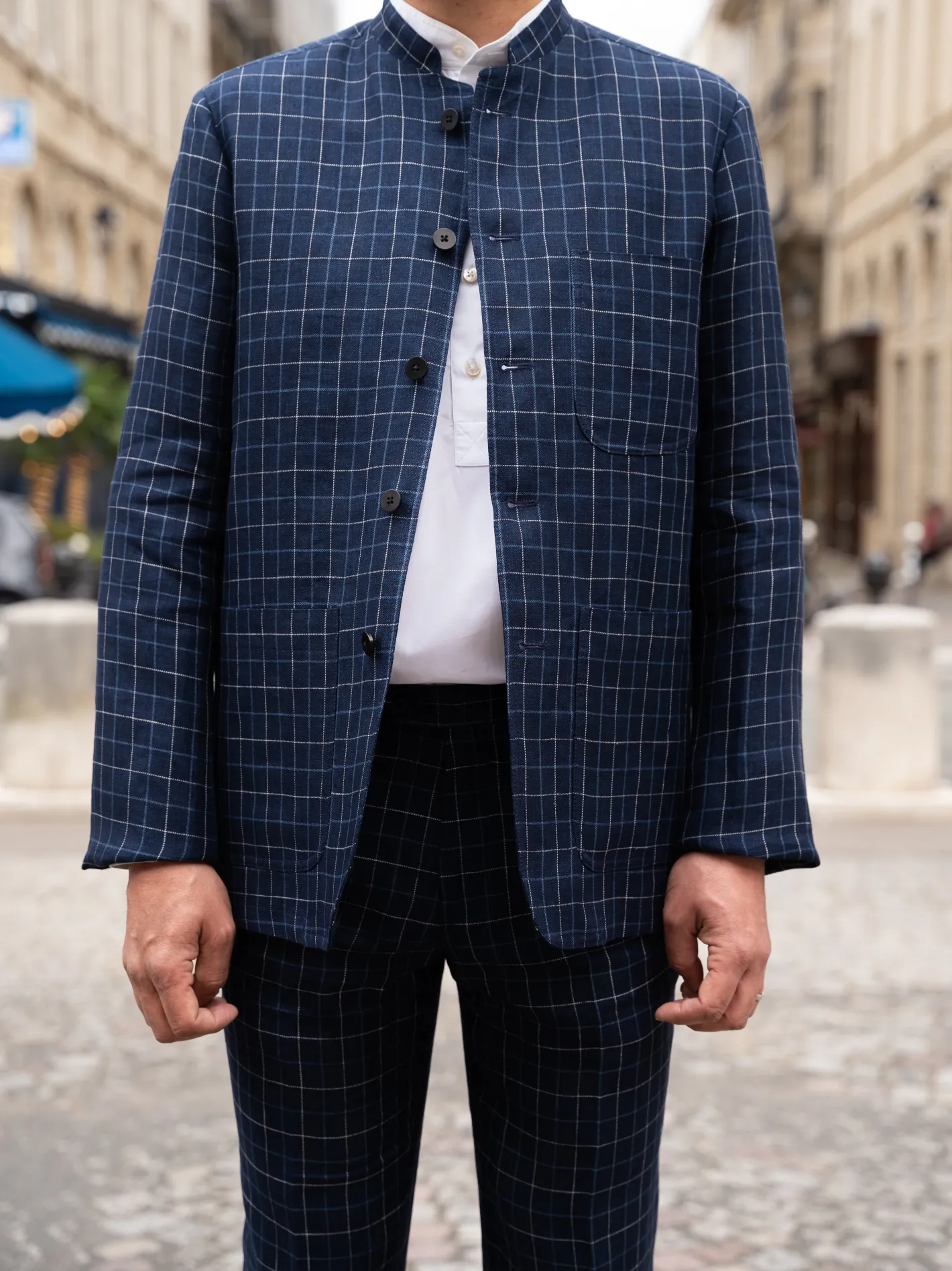 hollington Vestes & Manteaux*veste tyrol ajustée en toile de lin et laine à carreaux British blue and chalk